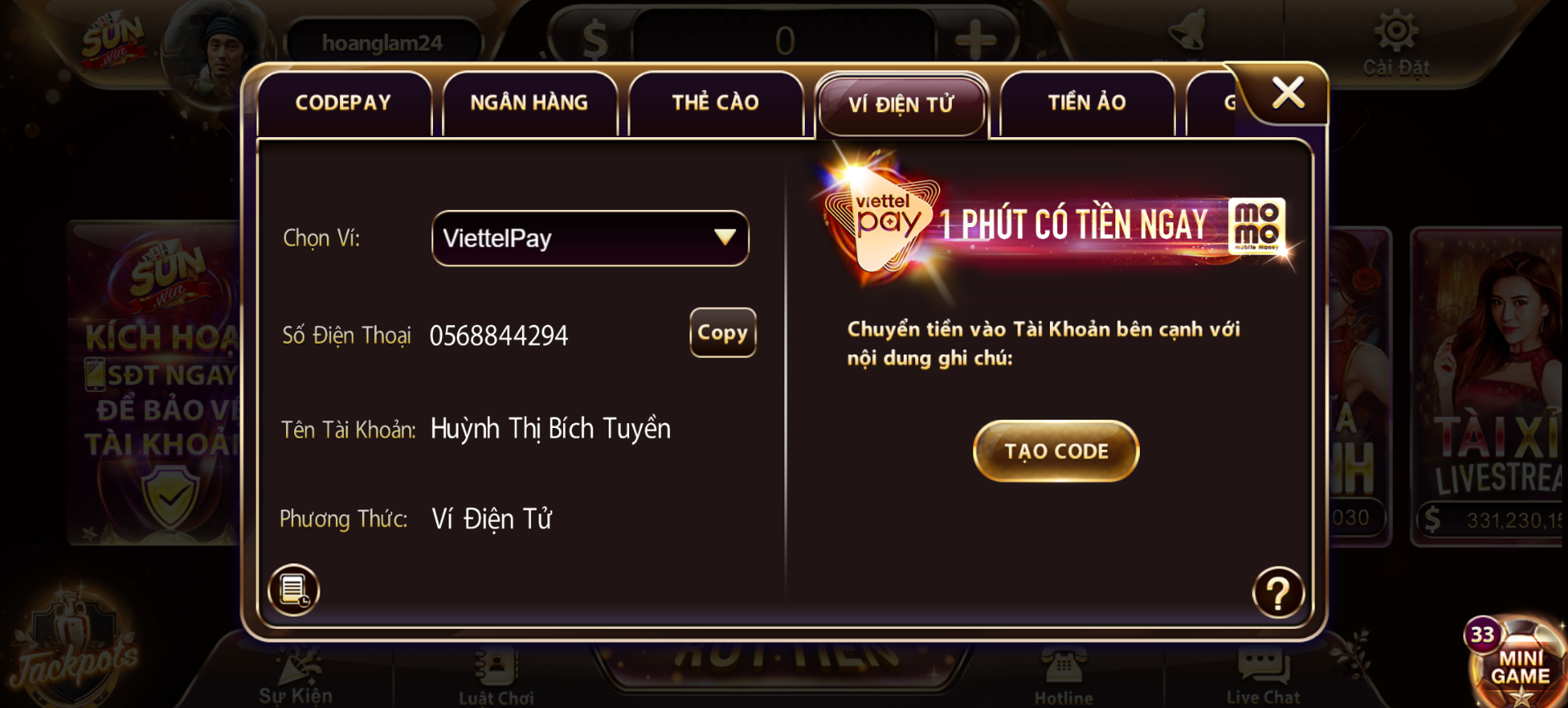 Các phương thức nạp tiền tại cổng game Sunwin